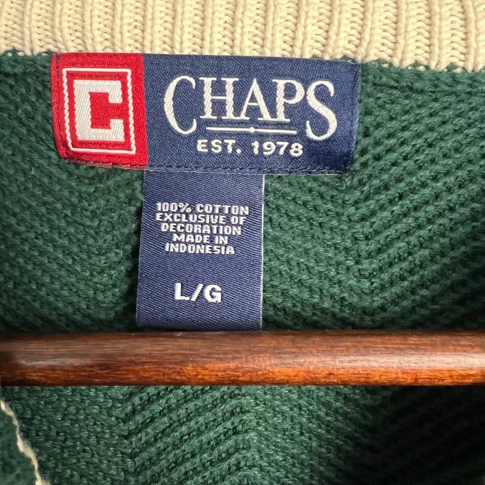 Chaps EST.‎ 1978 Green Cotton Y2K Knit Sweater Crew Neck Herringbone Mens Large